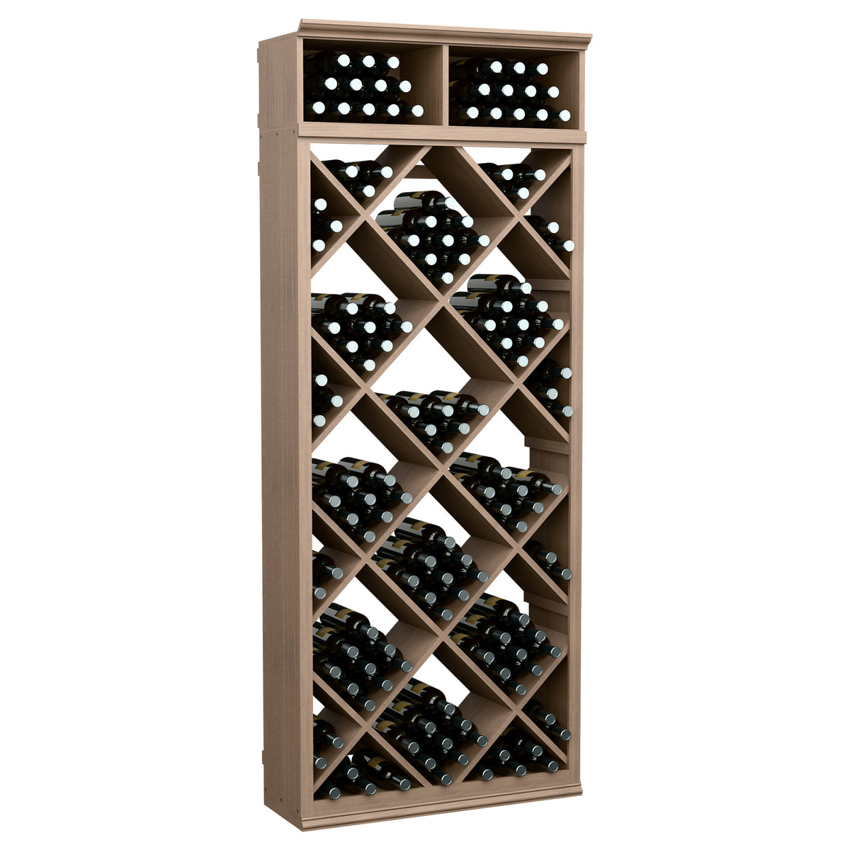 Light wood wine bottle storage cabinet with diamond-lattice slots and two top bottle cubbies