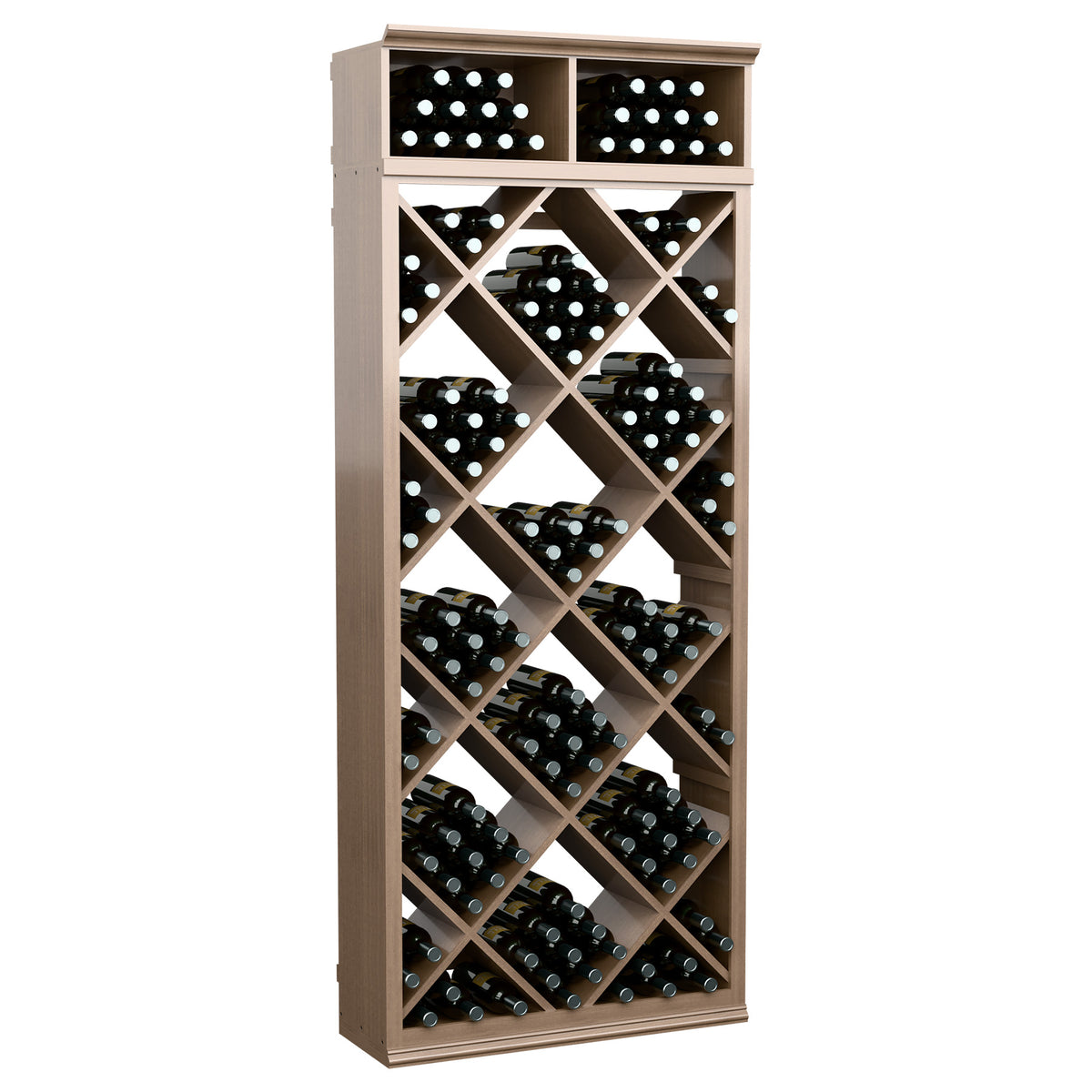 Light wood wine bottle storage cabinet with diamond-lattice bottle slots and two top bottle cubbies