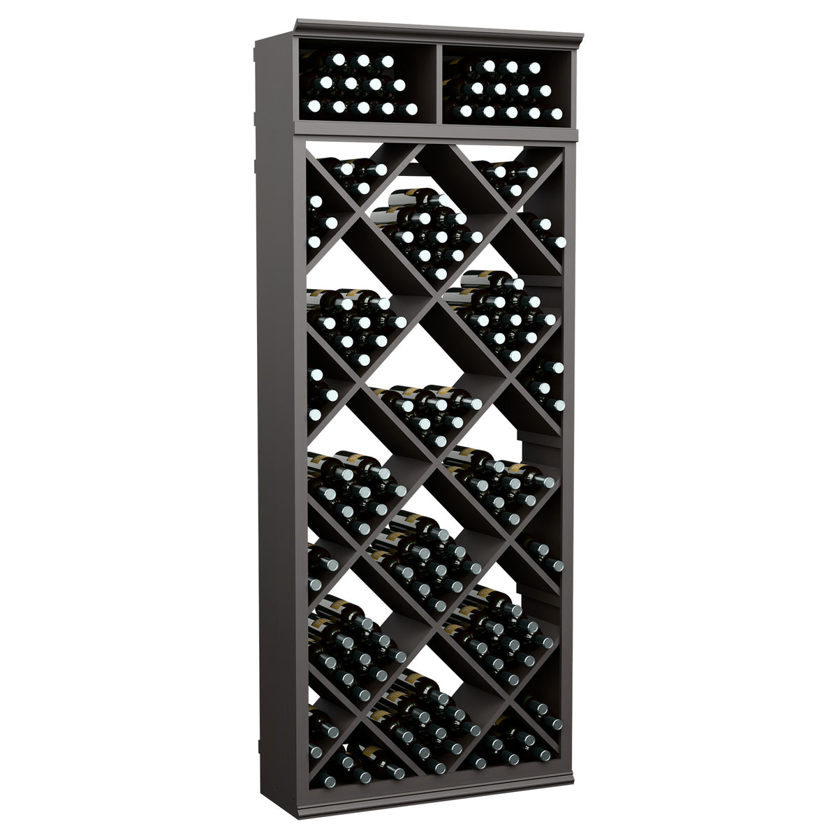 Dark grey wine bottle storage cabinet with diamond-lattice slots and two top cubbies