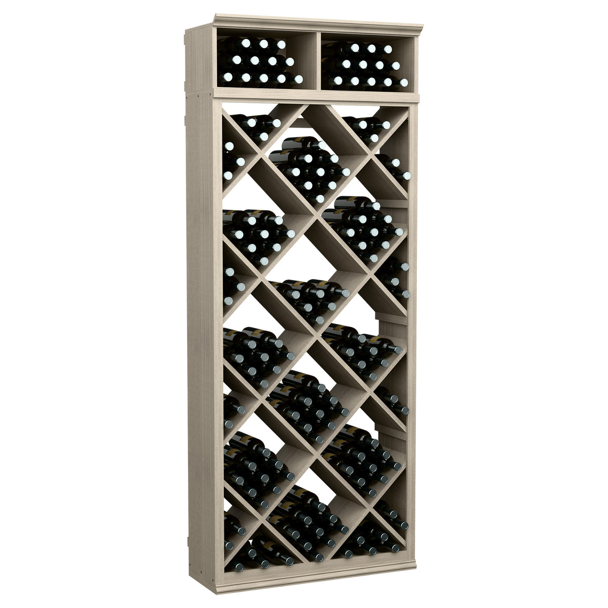 Whitewashed wood wine bottle rack with diamond-pattern cubbies and two top rows