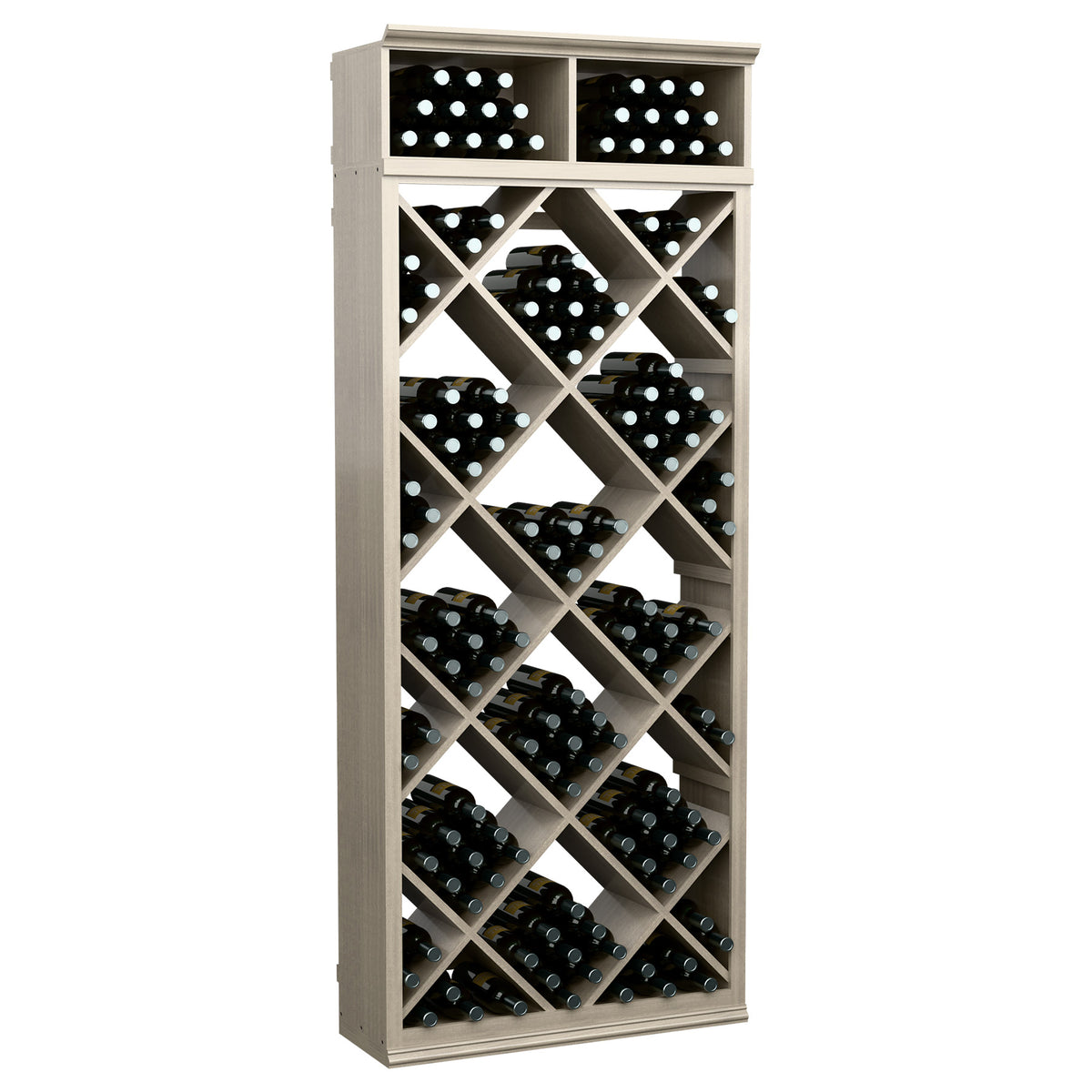 Whitewashed wood wine bottle rack with diamond-pattern cubbies and two top rows