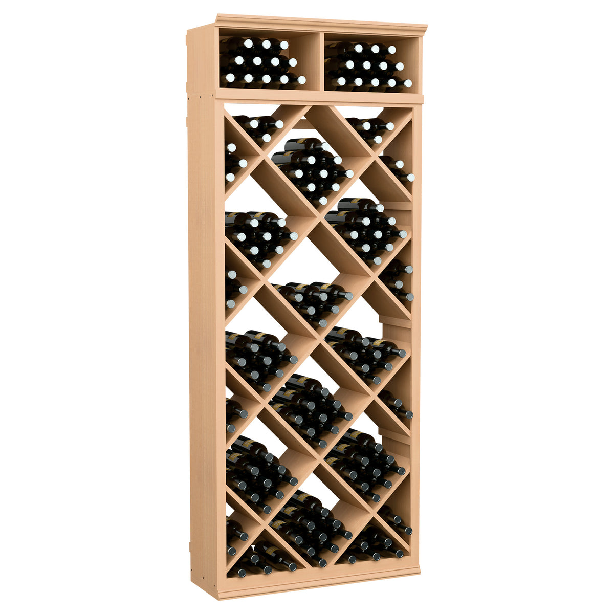 Light wood wine bottle rack with diamond-pattern cubbies and two top rows