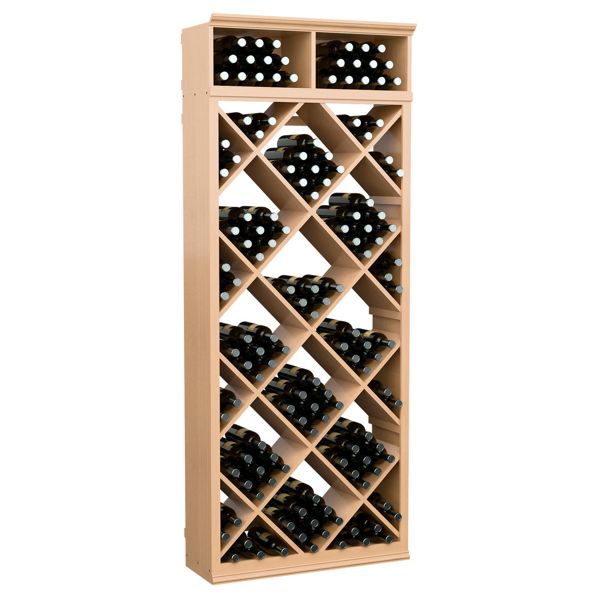 Light wood wine bottle rack with diamond-pattern cubbies and two top rows