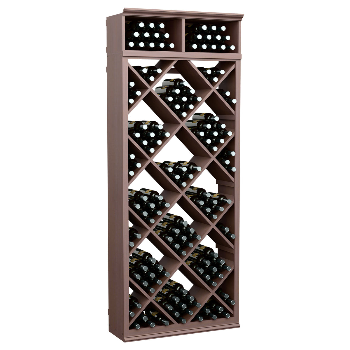 Dark wood wine bottle rack with diamond-pattern cubbies and two top rows