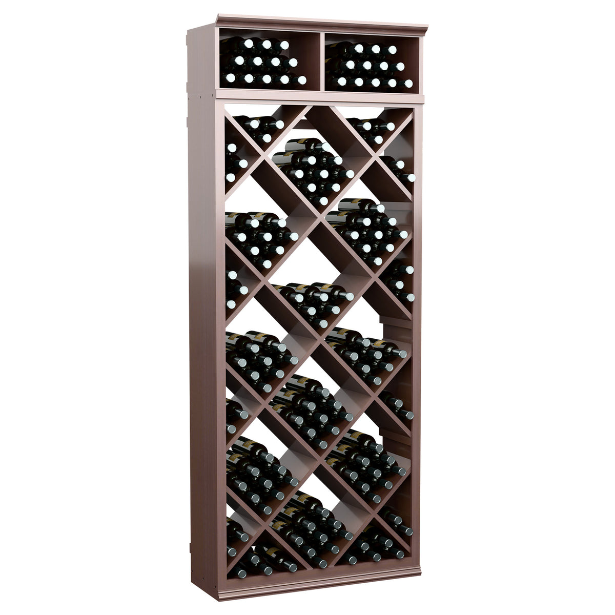 Dark wood wine bottle rack with diamond-pattern cubbies and two top rows