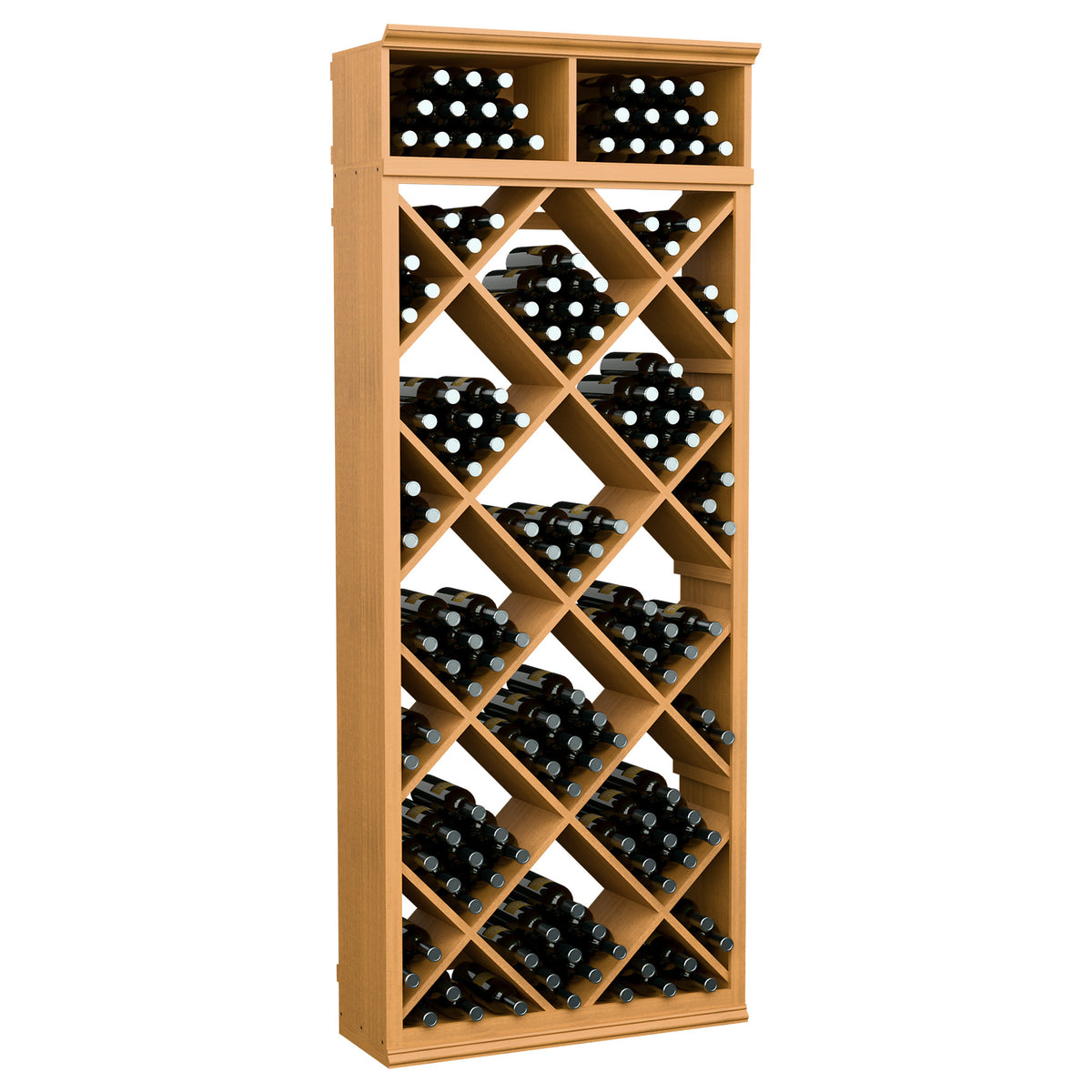Honey-toned wood wine bottle rack with diamond-pattern cubbies and two top rows