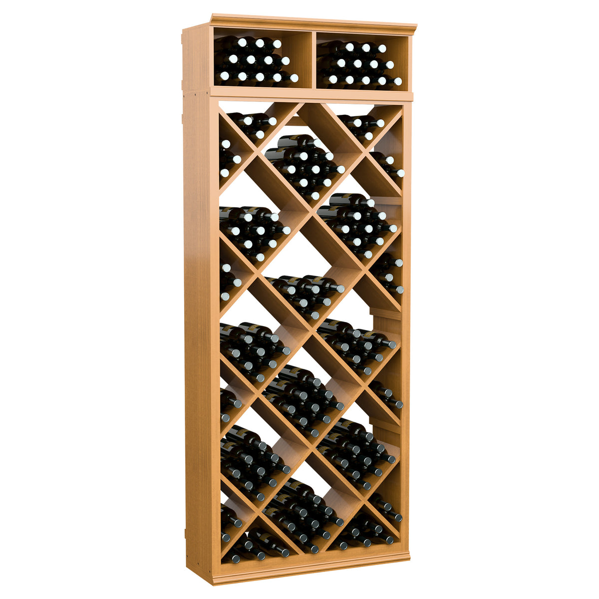Honey-toned wood wine bottle rack with diamond-pattern cubbies and two top rows