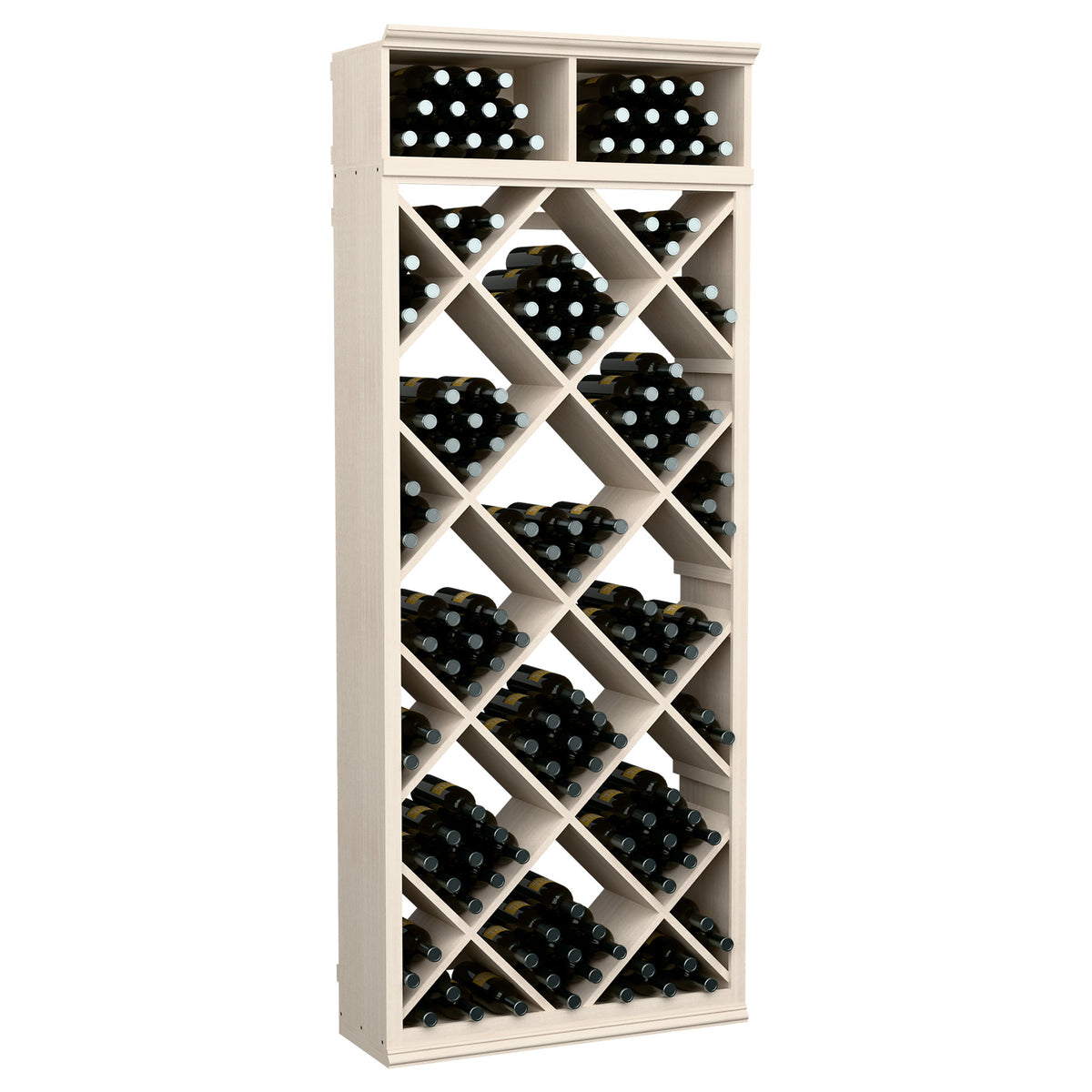 Whitewashed wood wine bottle rack with diamond-pattern cubbies and two top rows