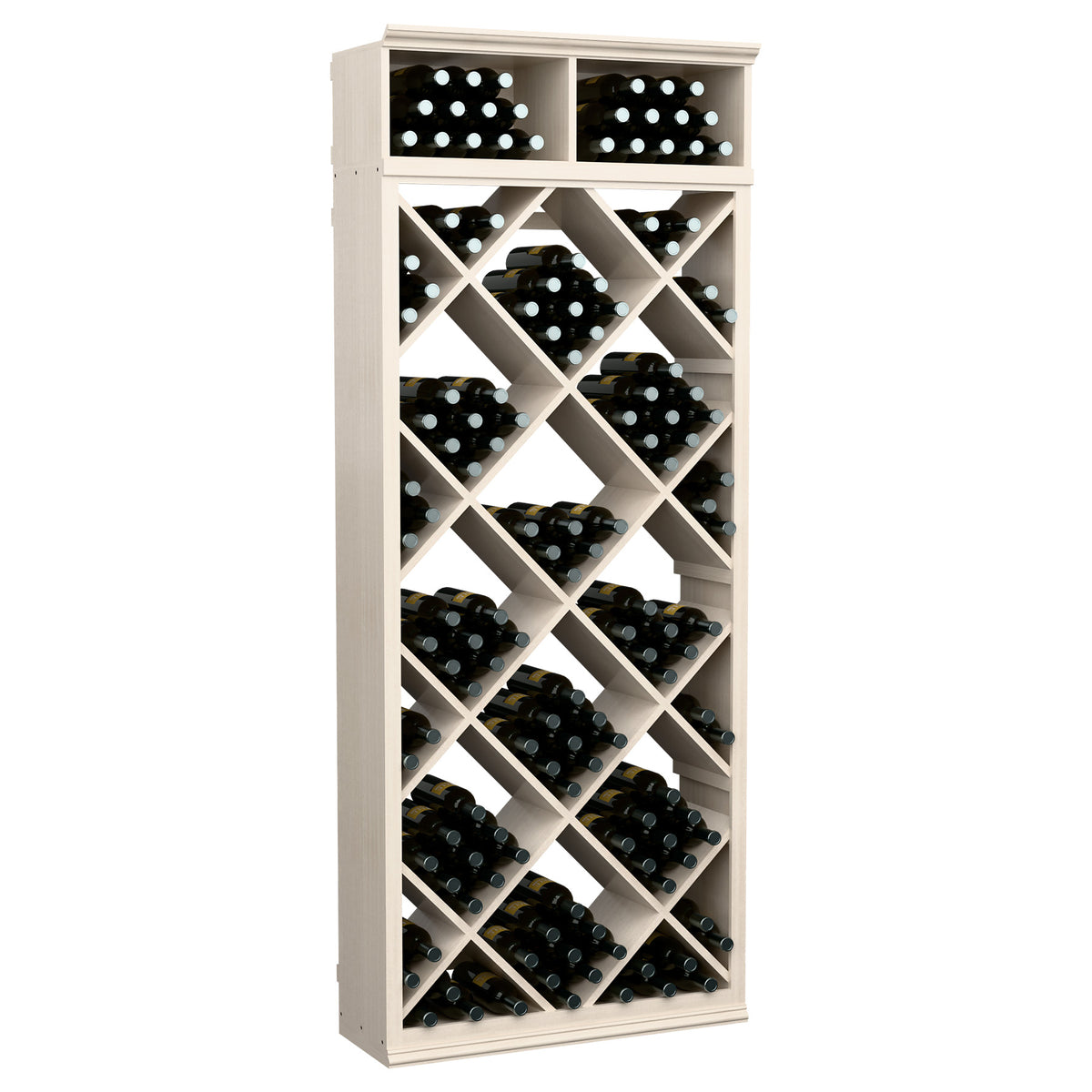 Whitewashed wood wine bottle rack with diamond-pattern cubbies and two top rows