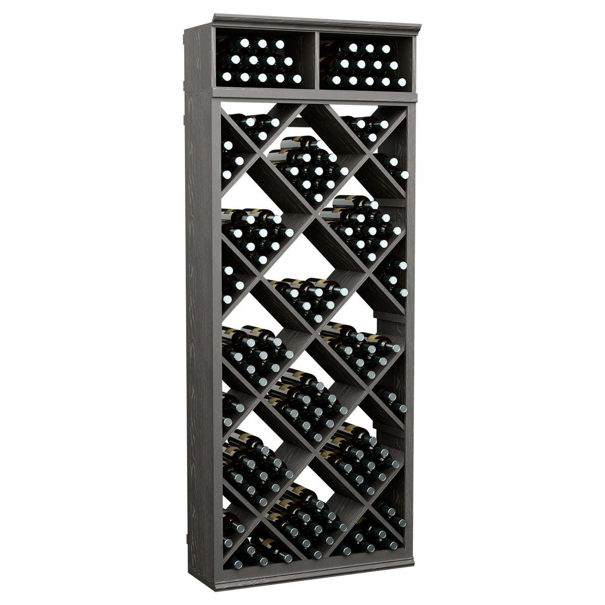 Dark gray wine bottle storage cabinet with diamond lattice shelves and top compartments