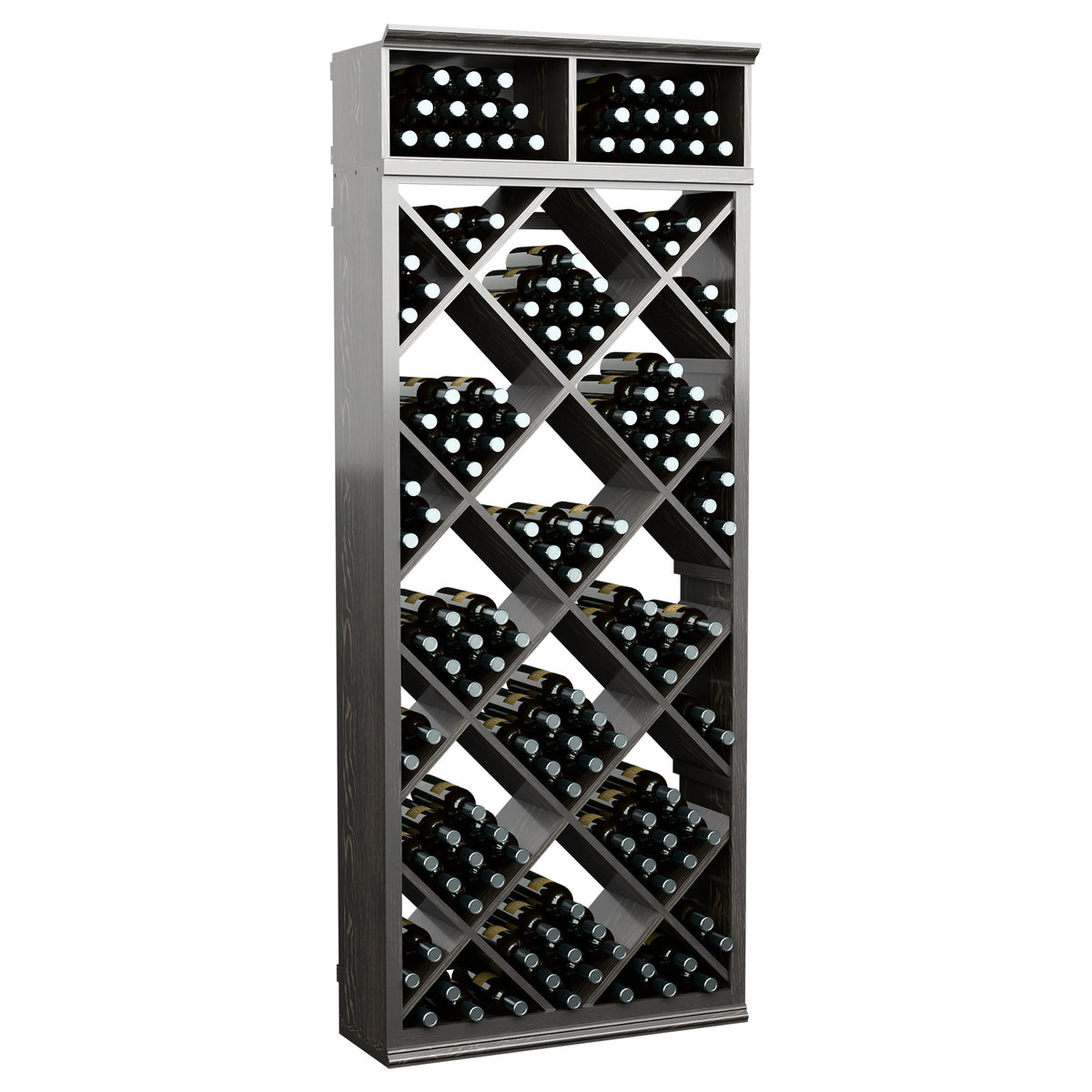 Dark gray wine bottle storage cabinet with diamond lattice shelves and top bottle rows