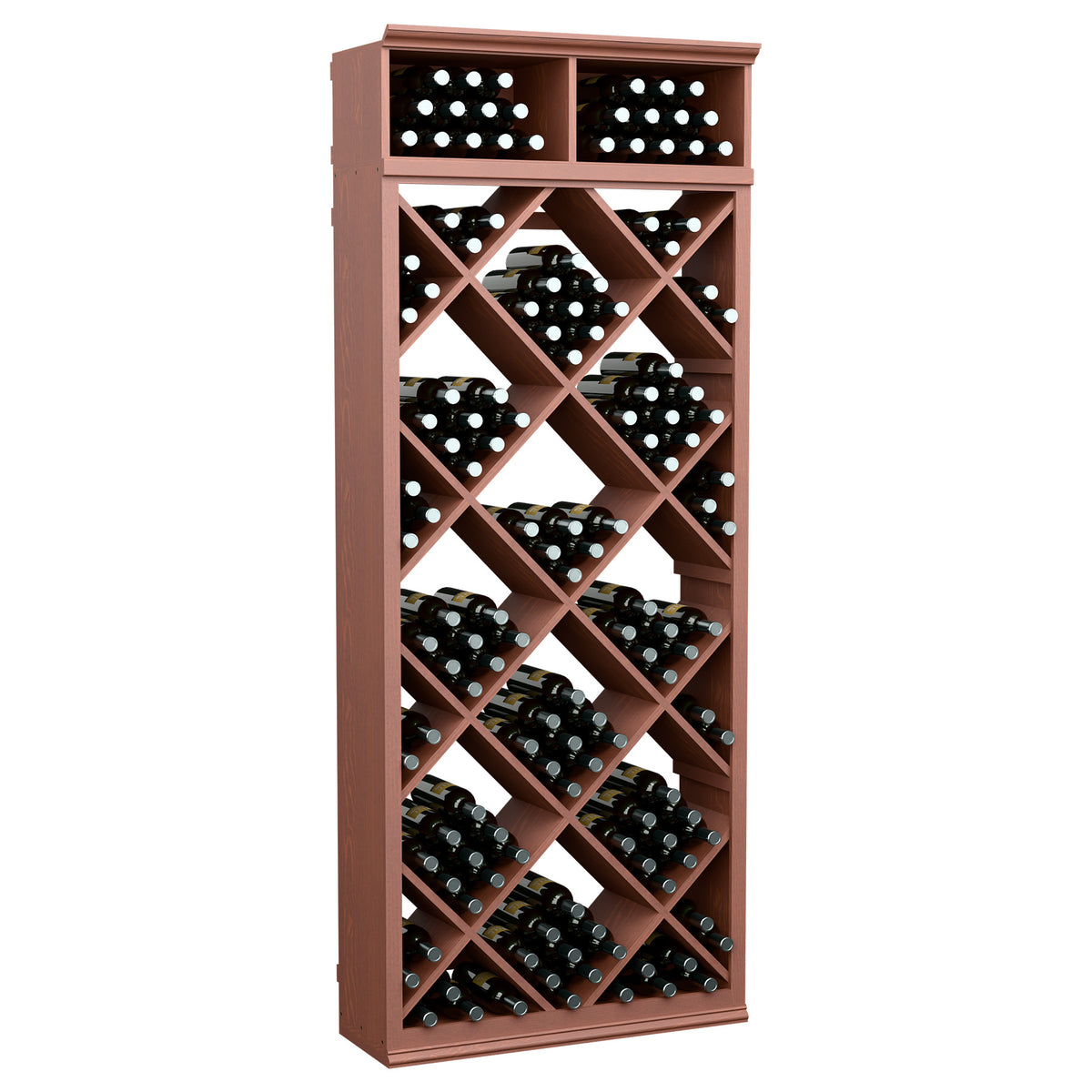 Brown wine bottle storage cabinet with diamond lattice shelves and top storage compartments