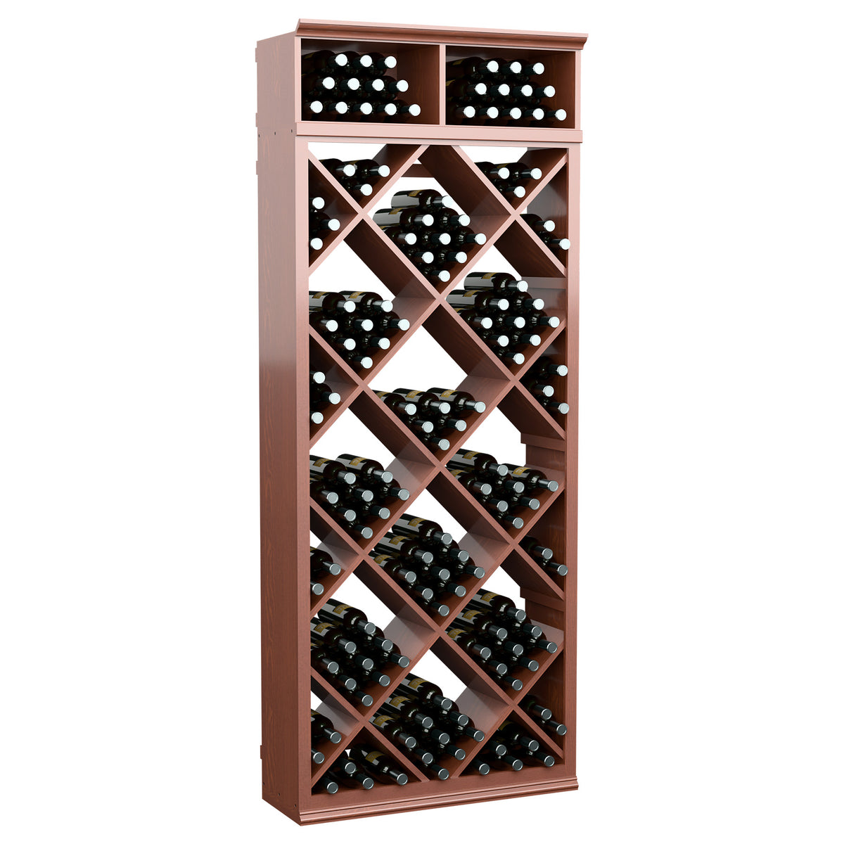 Rust-brown wine bottle storage cabinet with diamond lattice shelves and top bottle compartments