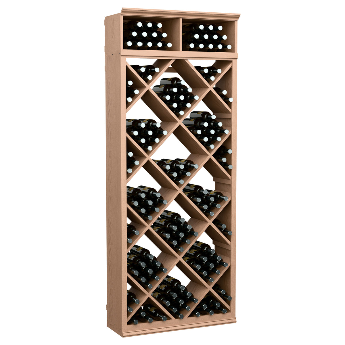 Light wood wine bottle storage cabinet with diamond lattice shelves and top storage compartments
