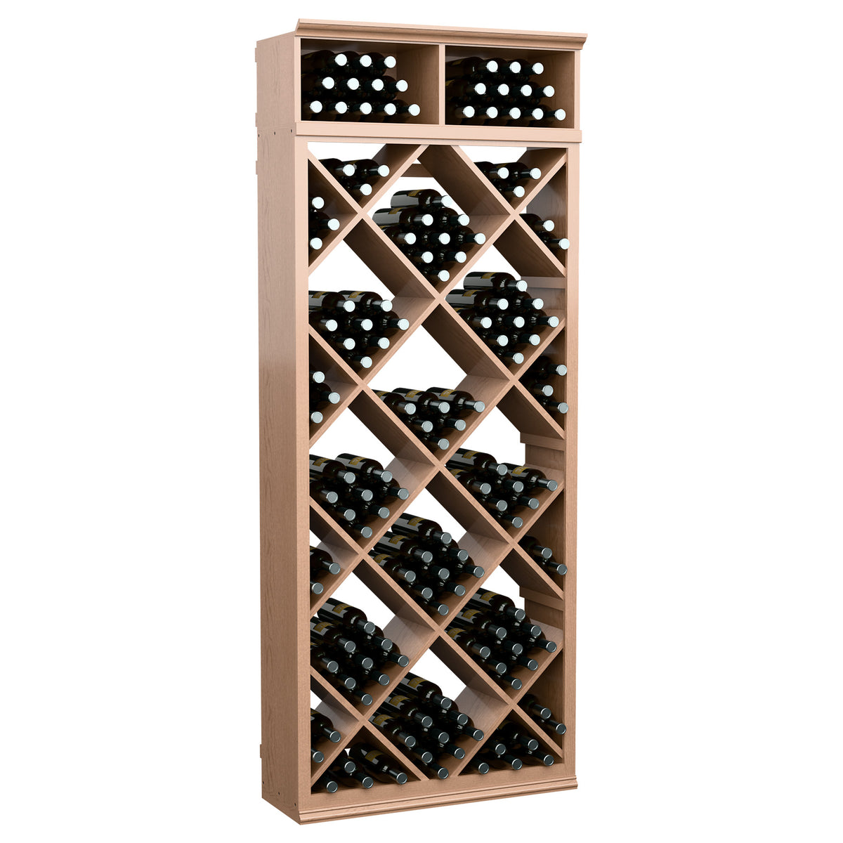 Natural wood wine bottle storage cabinet with diamond lattice shelves and top bottle compartments