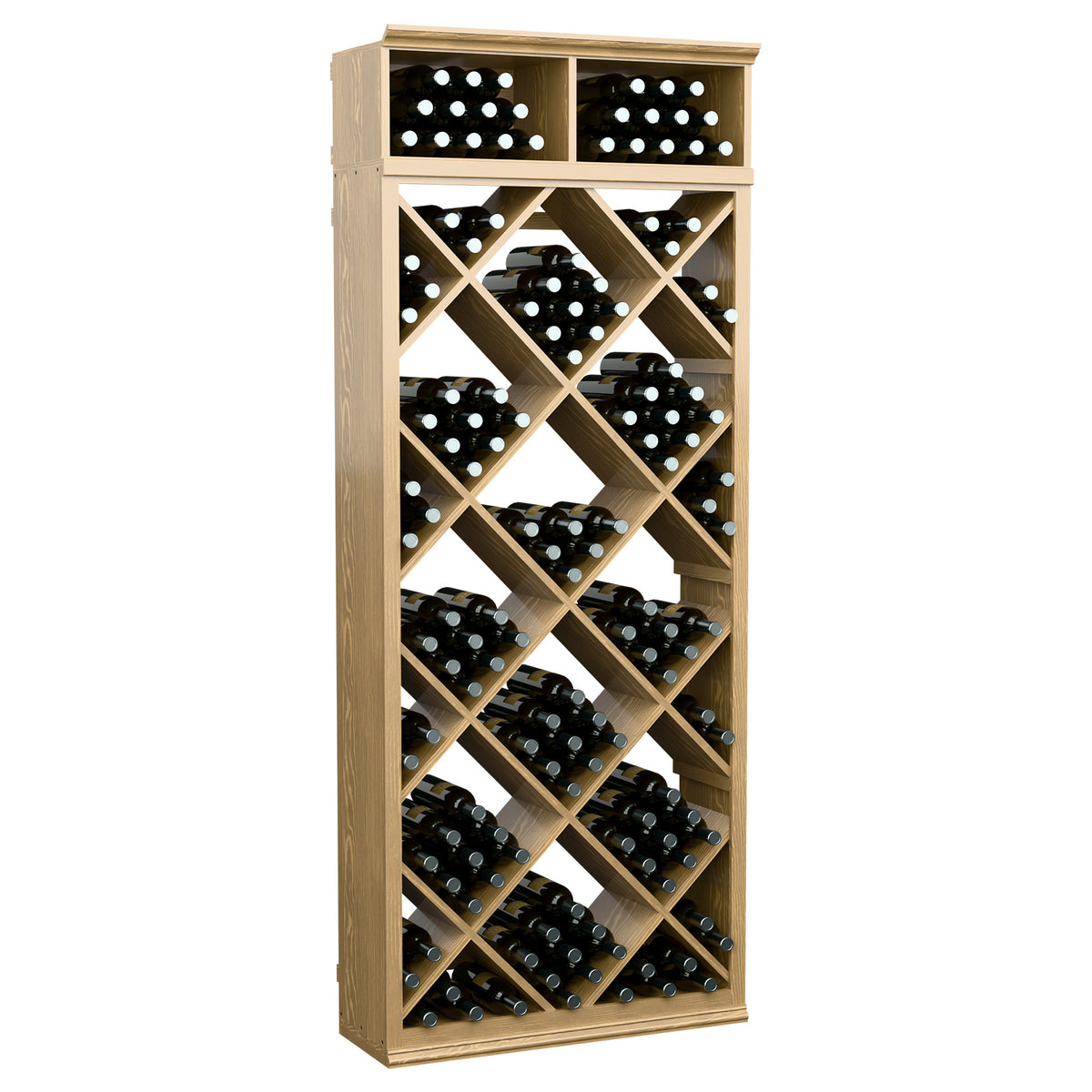 Light beige wood wine bottle storage cabinet with diamond lattice shelves and top bottle rows