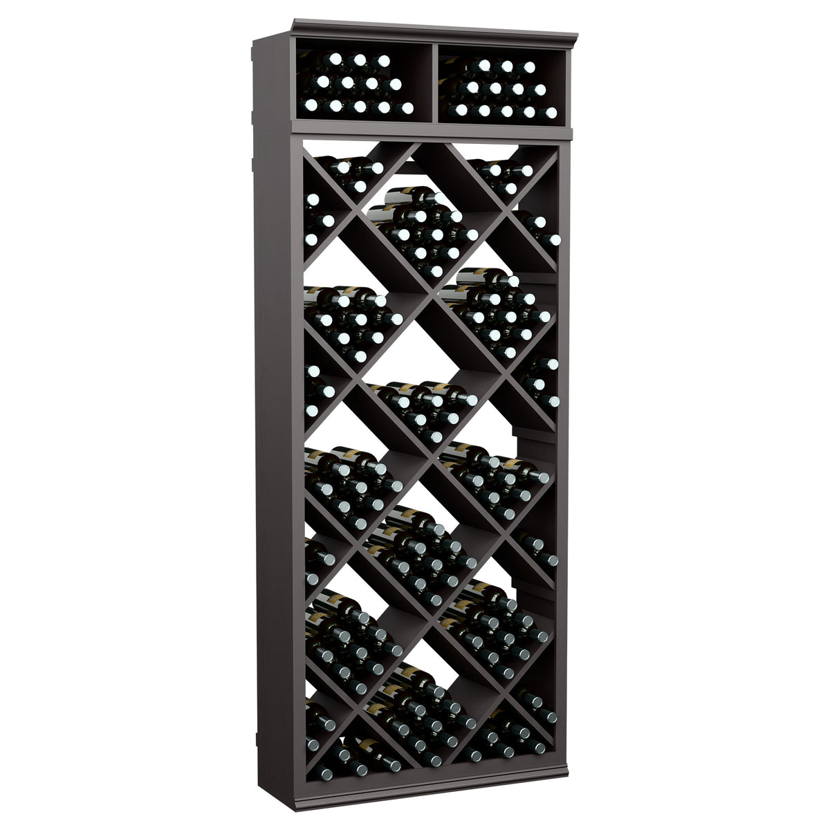 Dark gray wine bottle storage cabinet with diamond lattice shelves and top bottle compartments