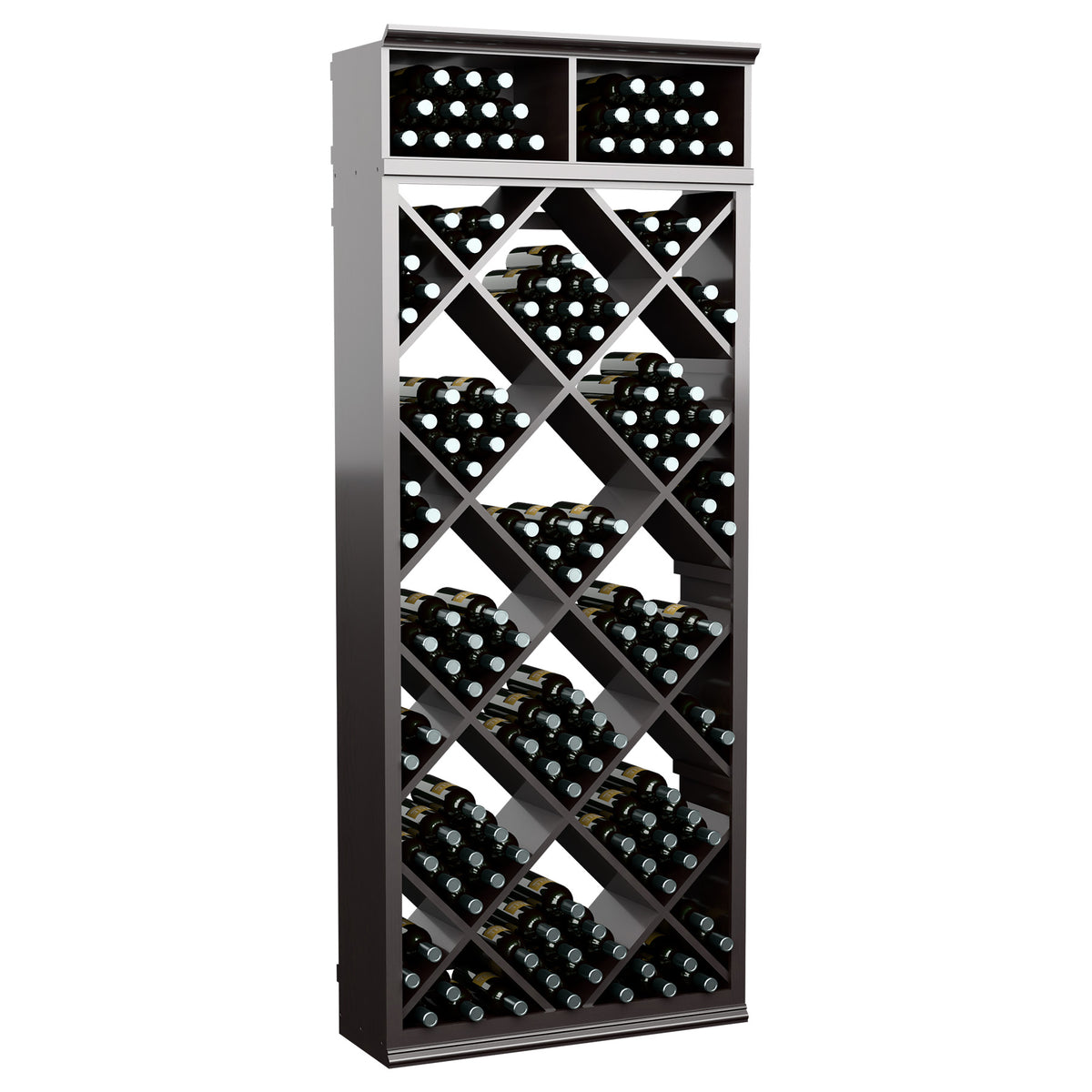 Dark gray wine bottle storage cabinet with diamond lattice shelves and top bottle rows