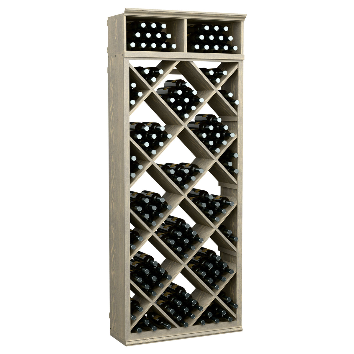 White diamond wine bottle storage cabinet with angled grid shelves, open front