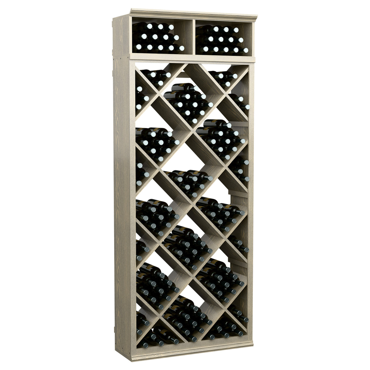 White diamond wine bottle rack cabinet with multiple bottle slots and top cubbies