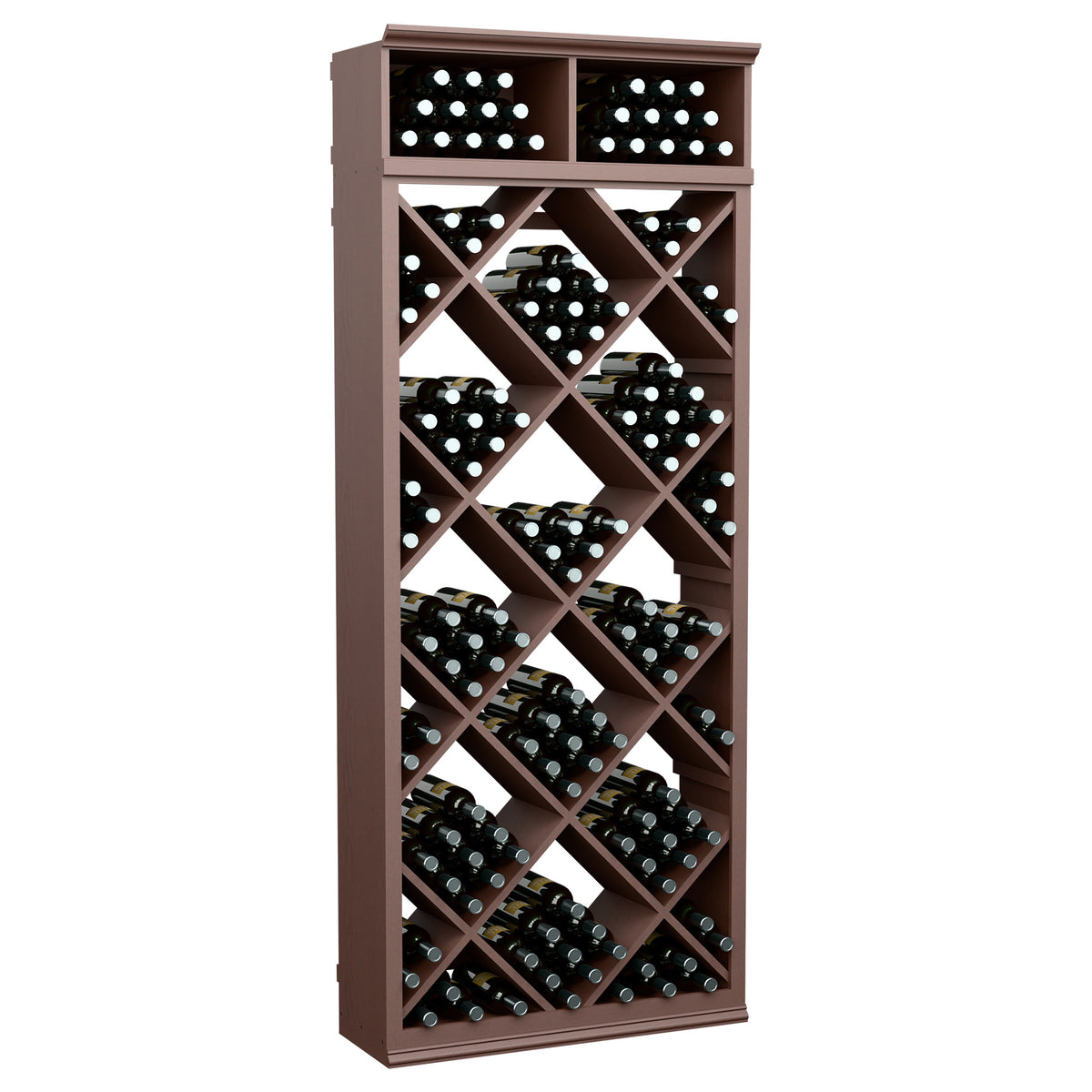 Dark brown diamond wine bottle storage cabinet with angled crisscross shelves