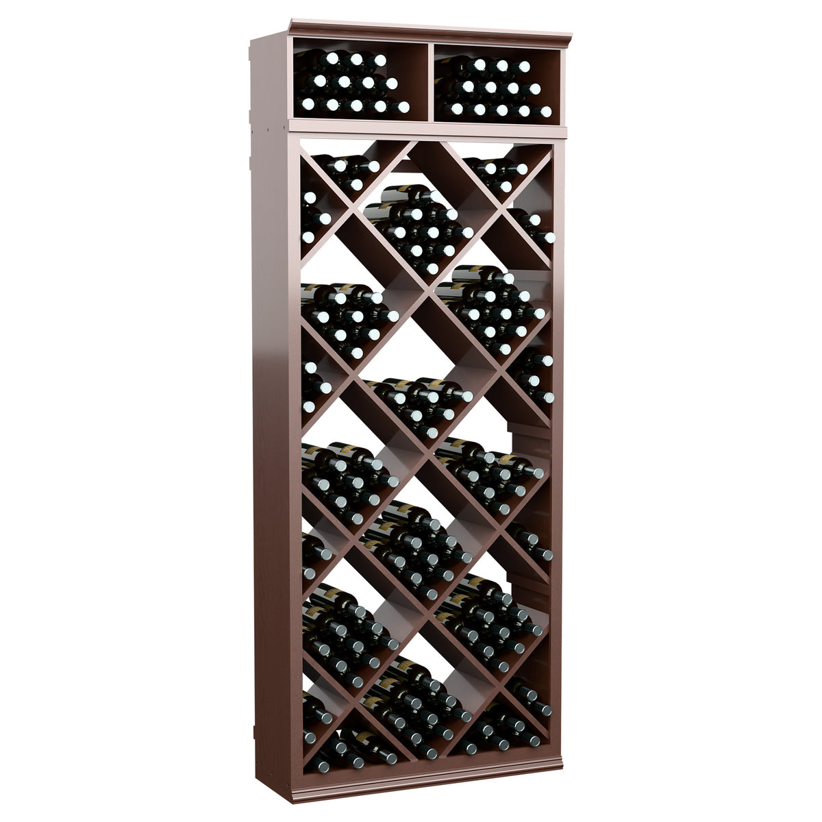 Dark brown diamond wine bottle storage cabinet with bottle slots and top cubbies