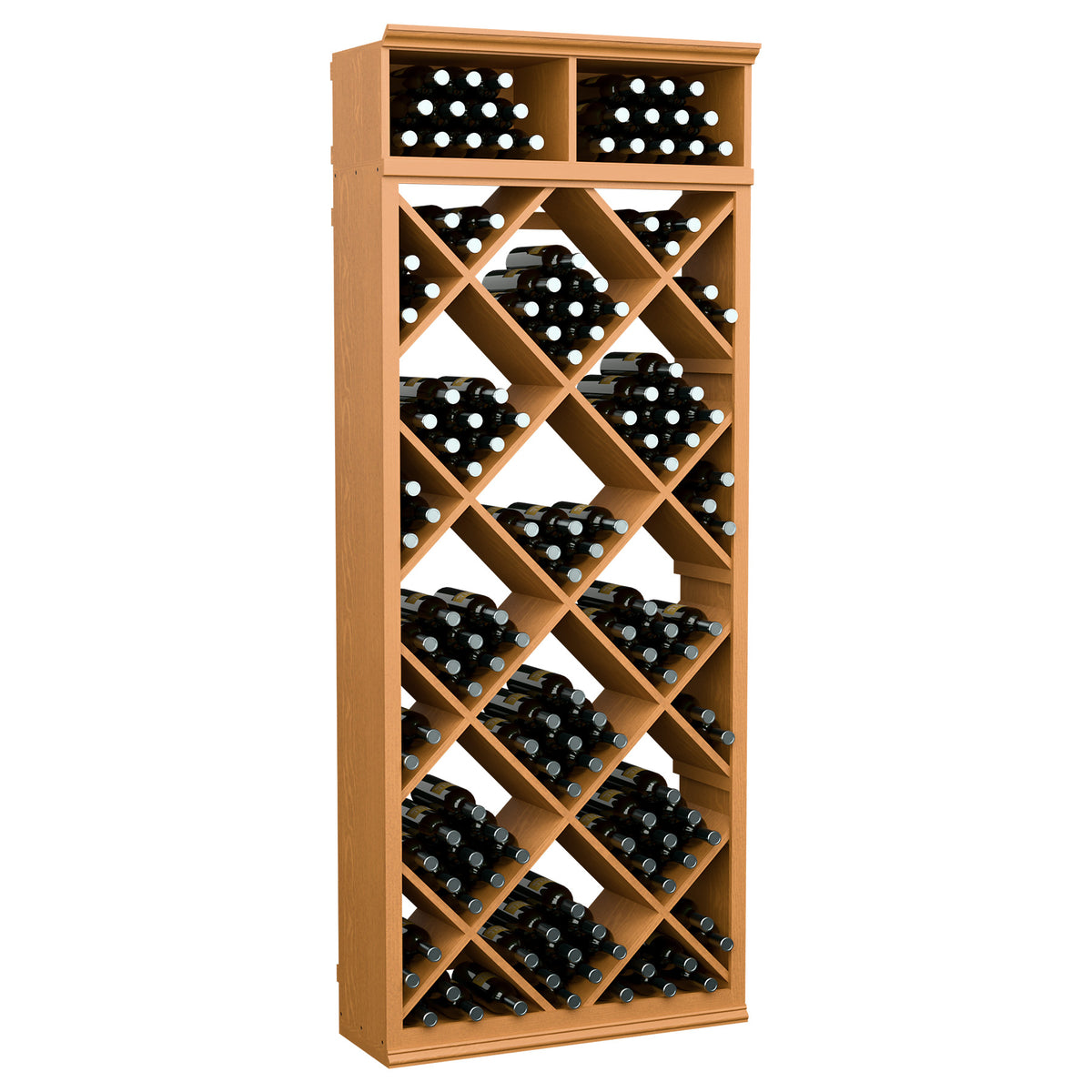 Natural wood diamond wine bottle storage cabinet with angled grid shelves