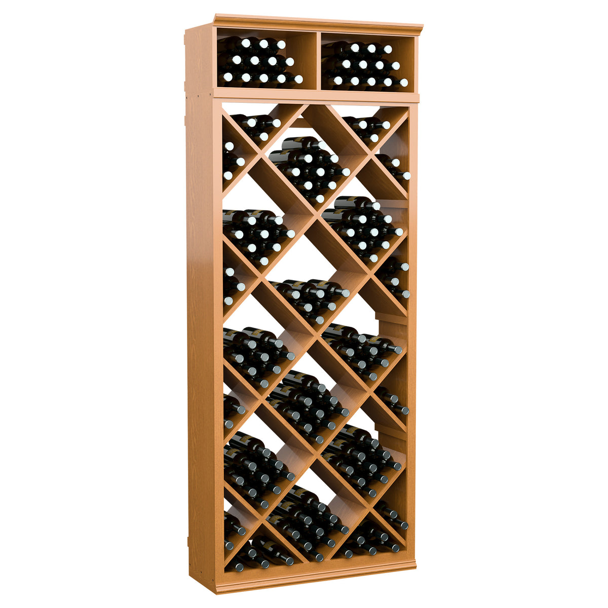 Light wood diamond wine bottle rack cabinet with bottle slots and top cubbies