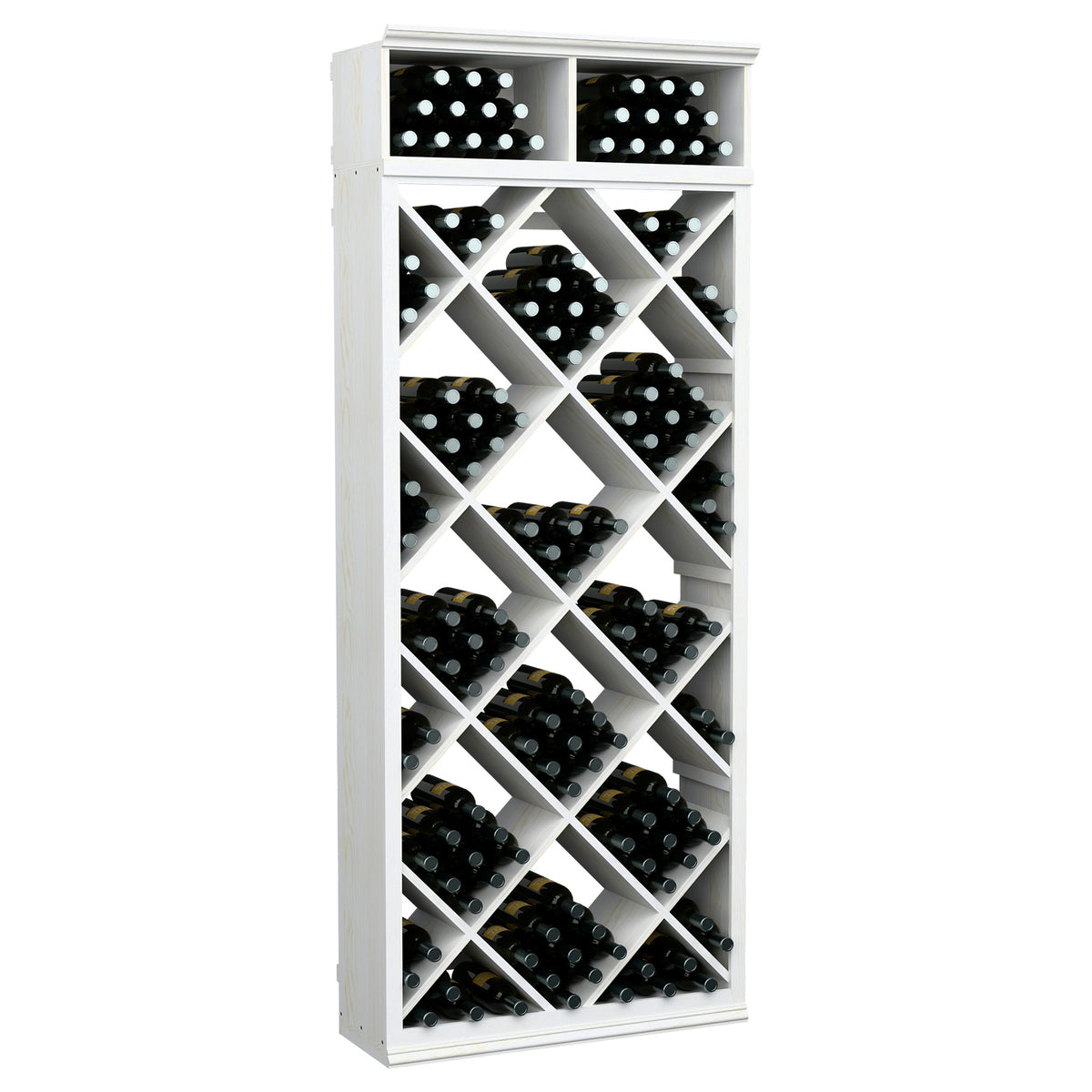 White wine bottle storage cabinet with diamond-pattern bottle dividers