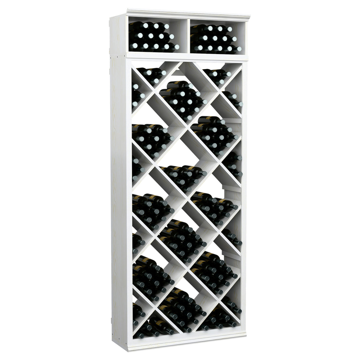 White wine bottle storage cabinet with two top rows of bottle slots