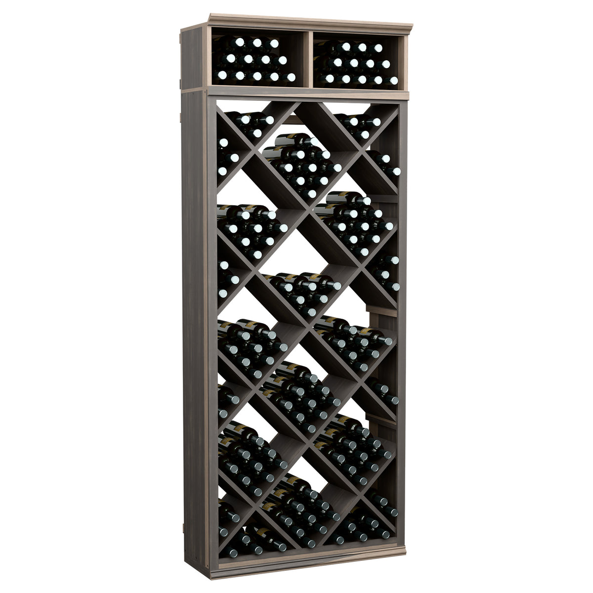 Grey wood wine storage cabinet with diamond-pattern bottle slots and two top bins