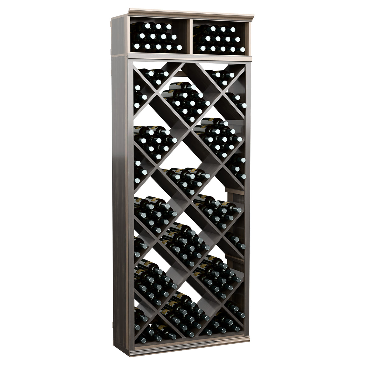Grey wood wine storage cabinet with diamond-pattern bottle slots and two top bins