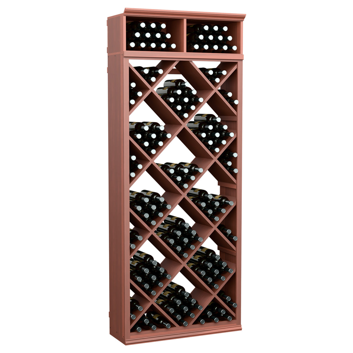 Red-brown wood wine storage cabinet with diamond-pattern bottle slots and two top bins