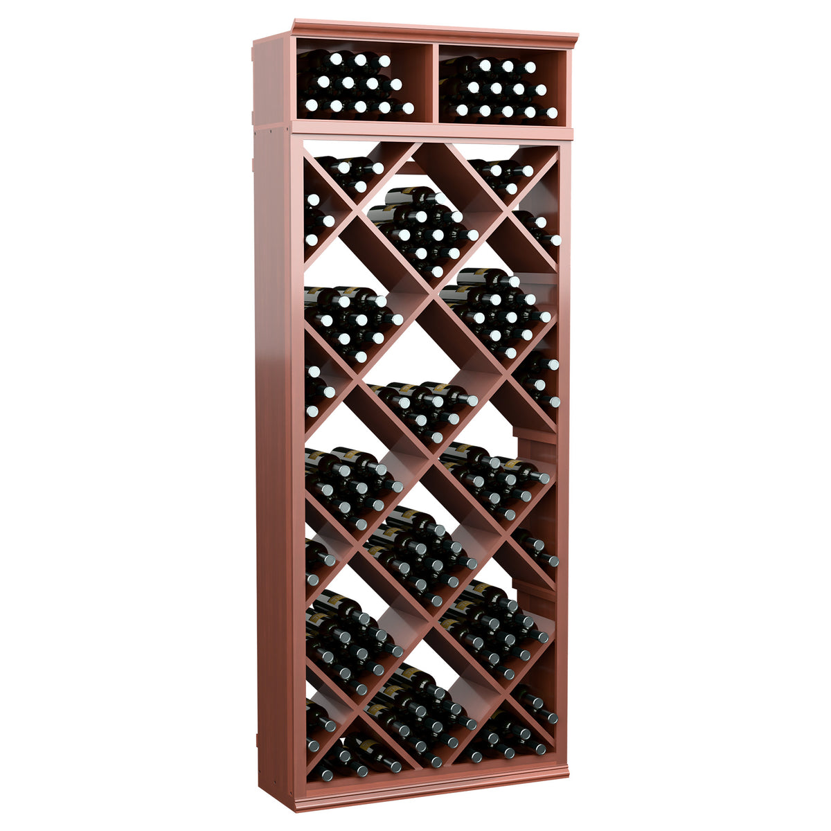 Red-brown wood wine storage cabinet with diamond-pattern bottle slots and two top bins