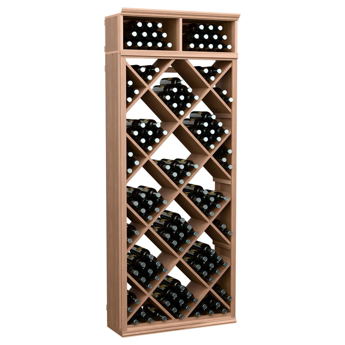 Light wood wine storage cabinet with diamond-pattern bottle slots and two top bins