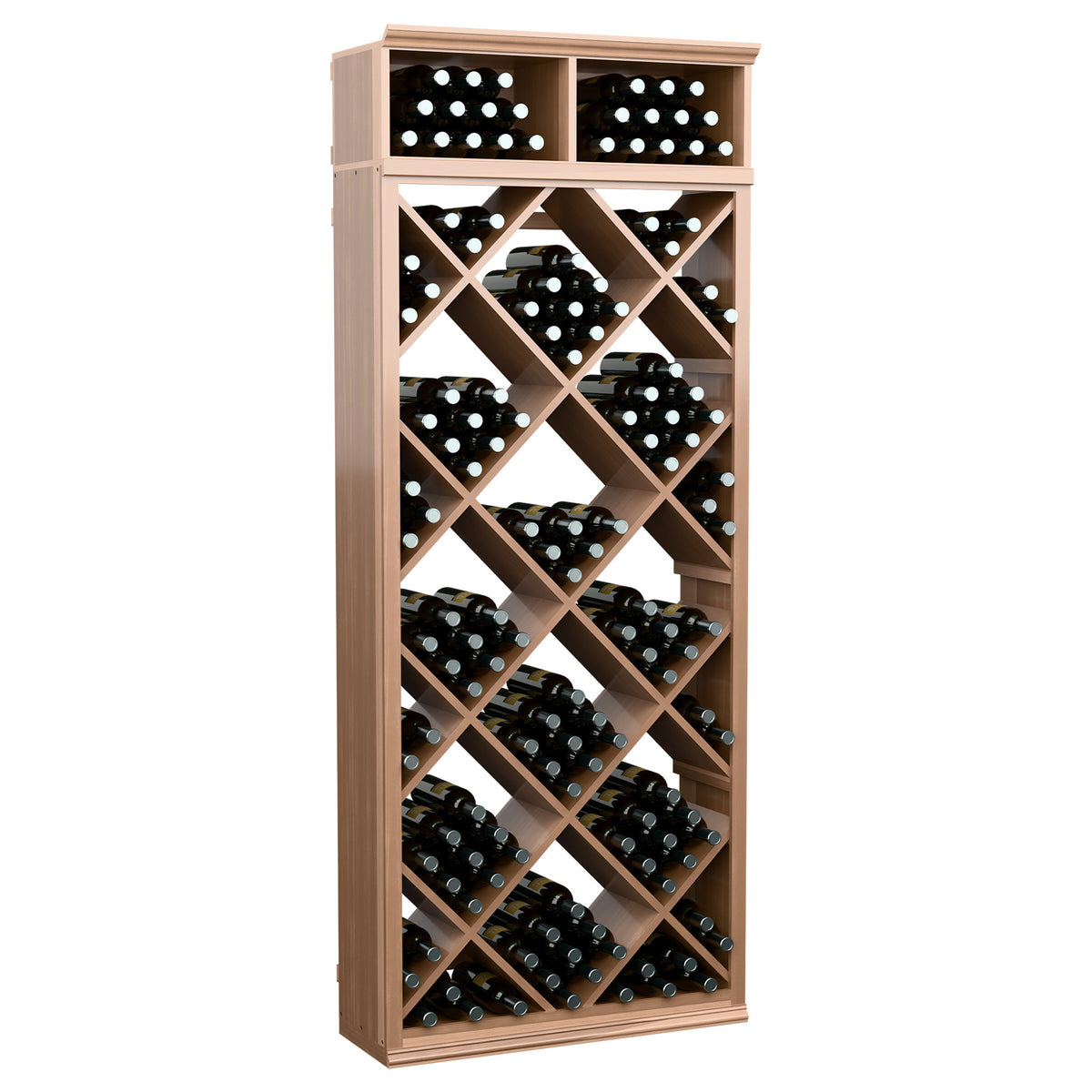 Light wood wine storage cabinet with diamond-pattern bottle slots and two top bins