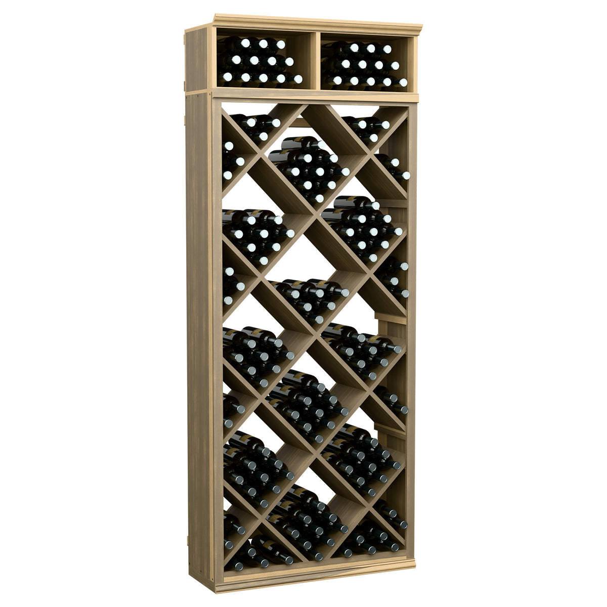 Natural wood wine storage cabinet with diamond-pattern bottle slots and two top bins