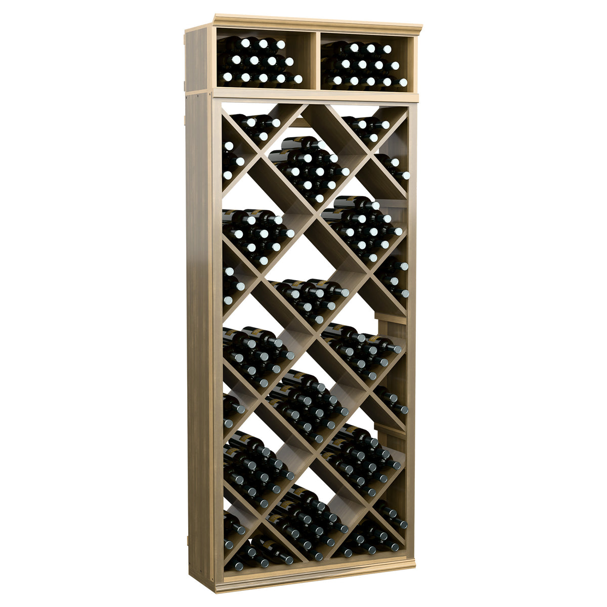 Natural wood wine storage cabinet with diamond-pattern bottle slots and two top bins