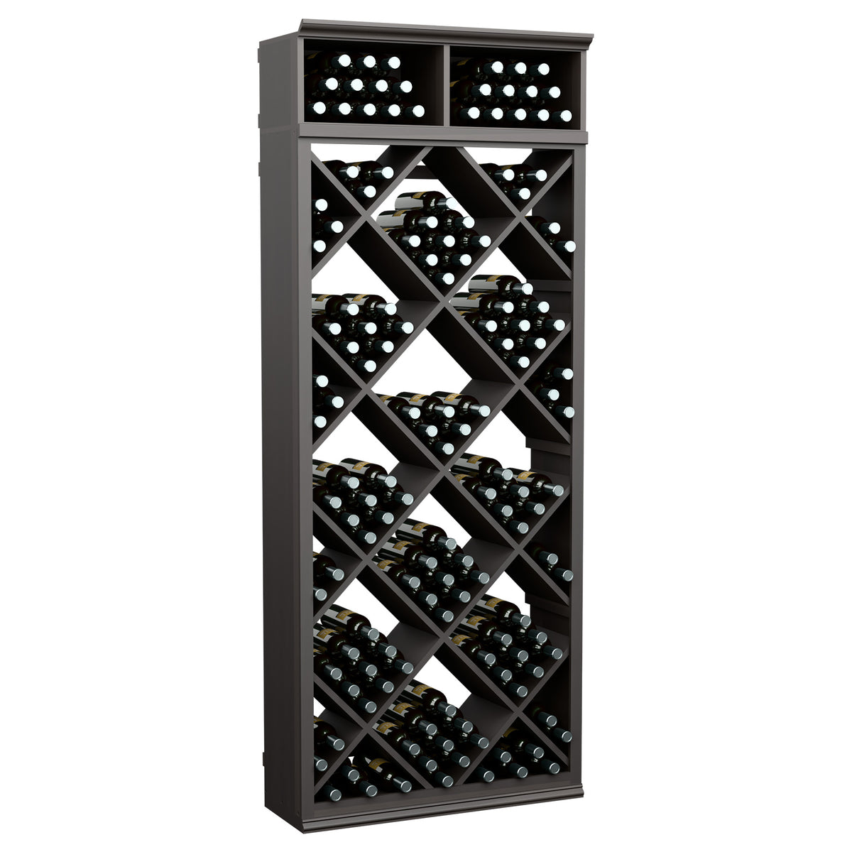 Dark grey wood wine storage cabinet with diamond-pattern bottle slots and two top bins