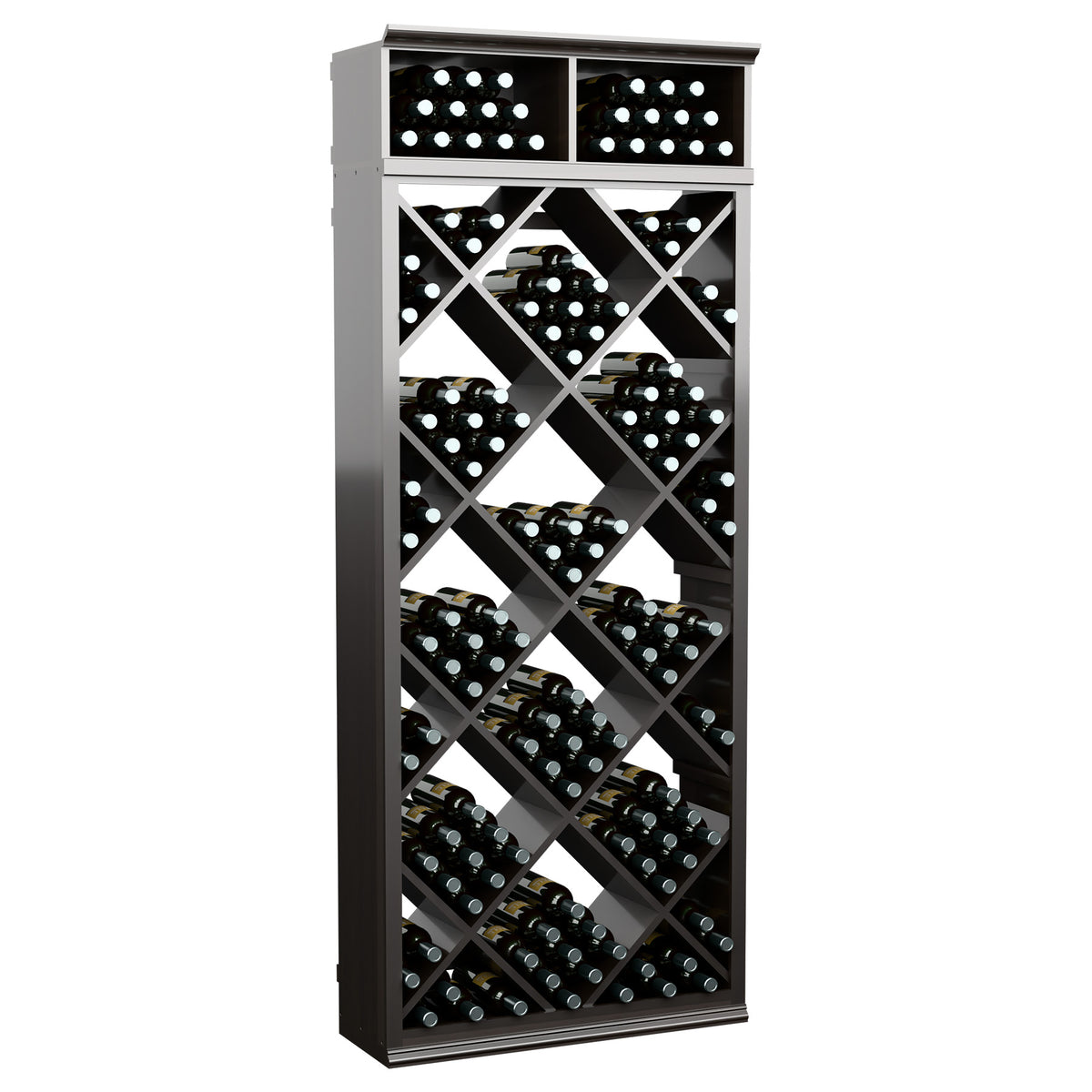 Dark grey wood wine storage cabinet with diamond-pattern bottle slots and two top bins