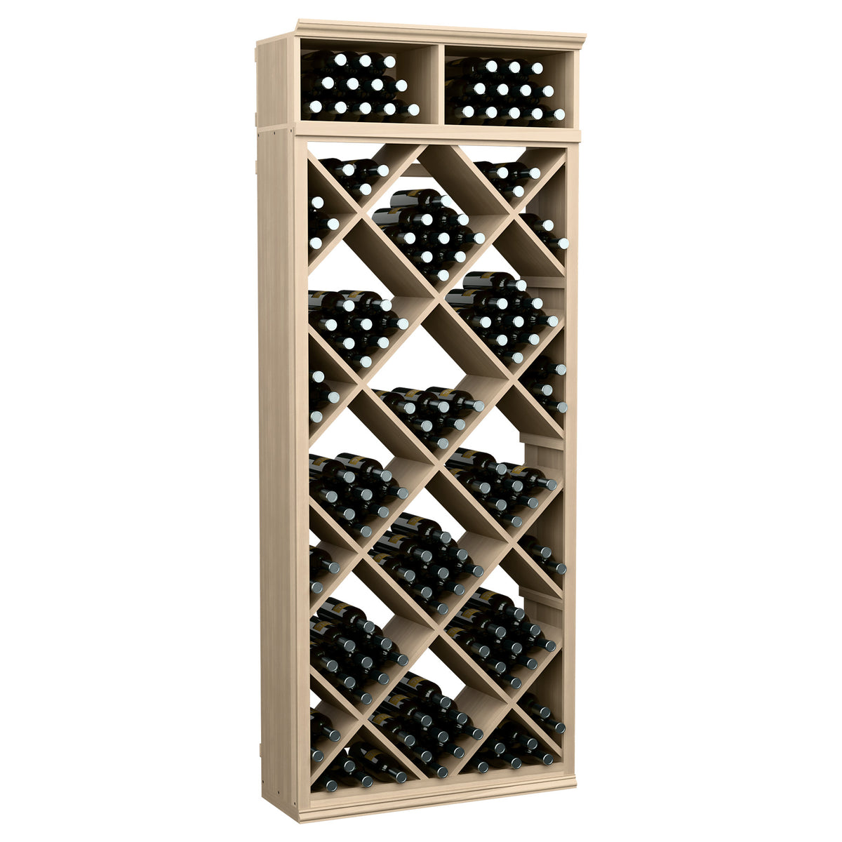 Light-wood wine storage cabinet with diamond-pattern bottle racks and two top cubbies