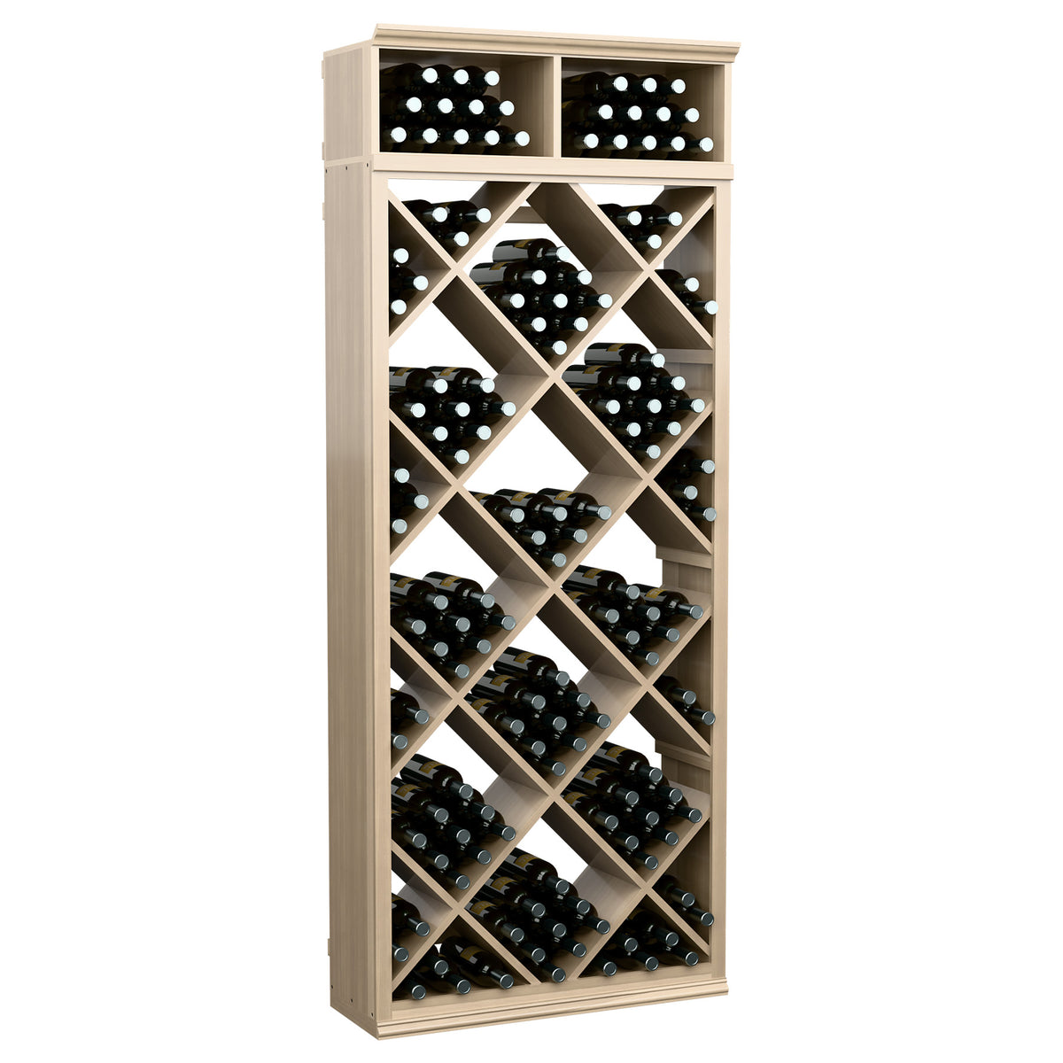 Light-wood tall wine storage cabinet with diagonal diamond shelves holding bottles
