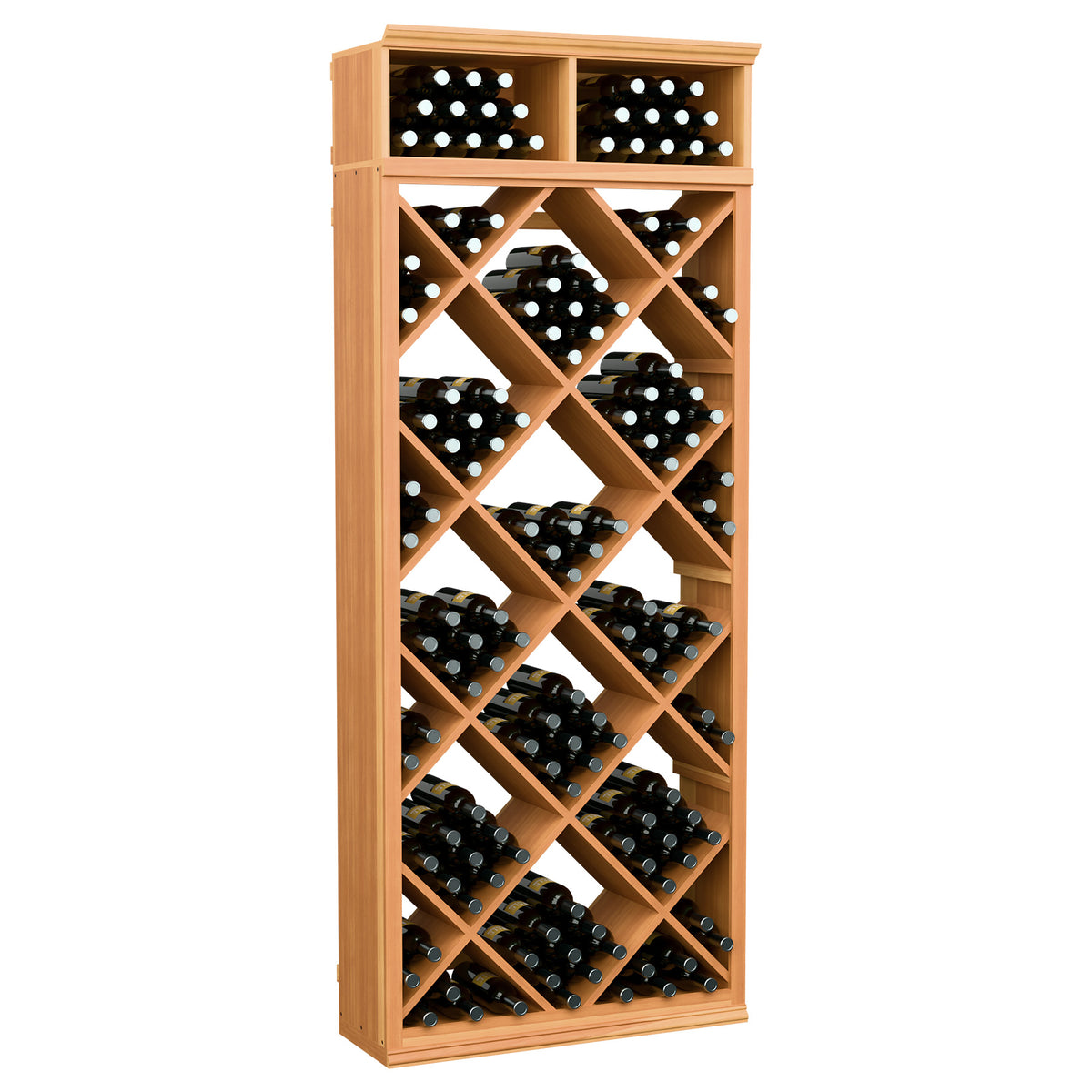 Warm wood wine storage cabinet with diamond grid bottle racks and top storage bins