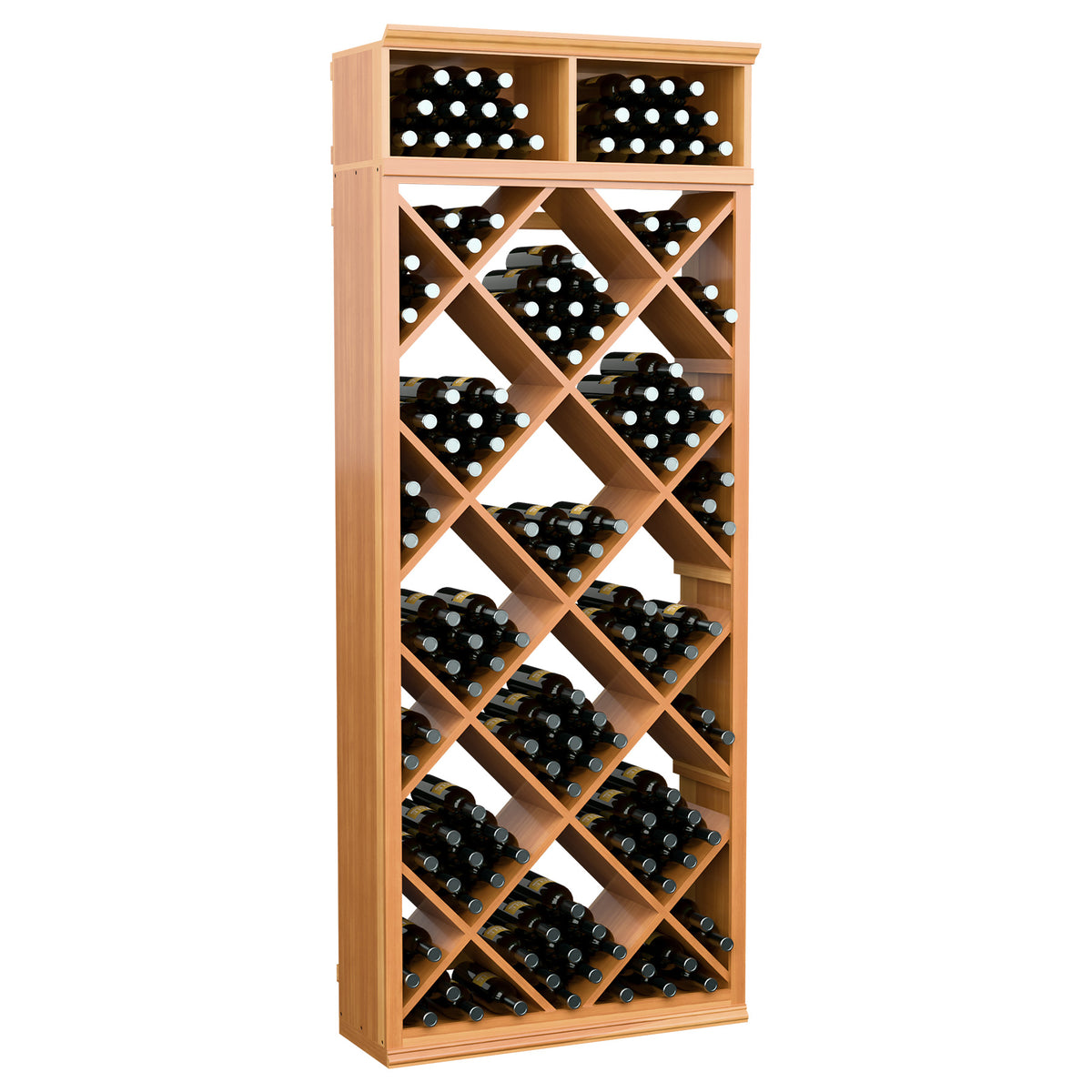 Tall warm wood wine cabinet with crisscross diamond shelves for multiple wine bottles