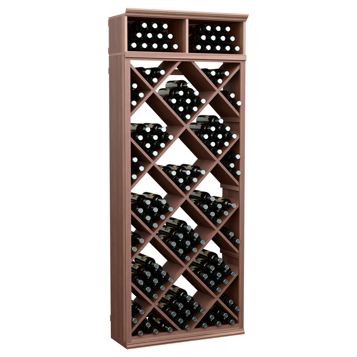Gray-stained wine storage cabinet with diamond-pattern bottle racks and top cubbies