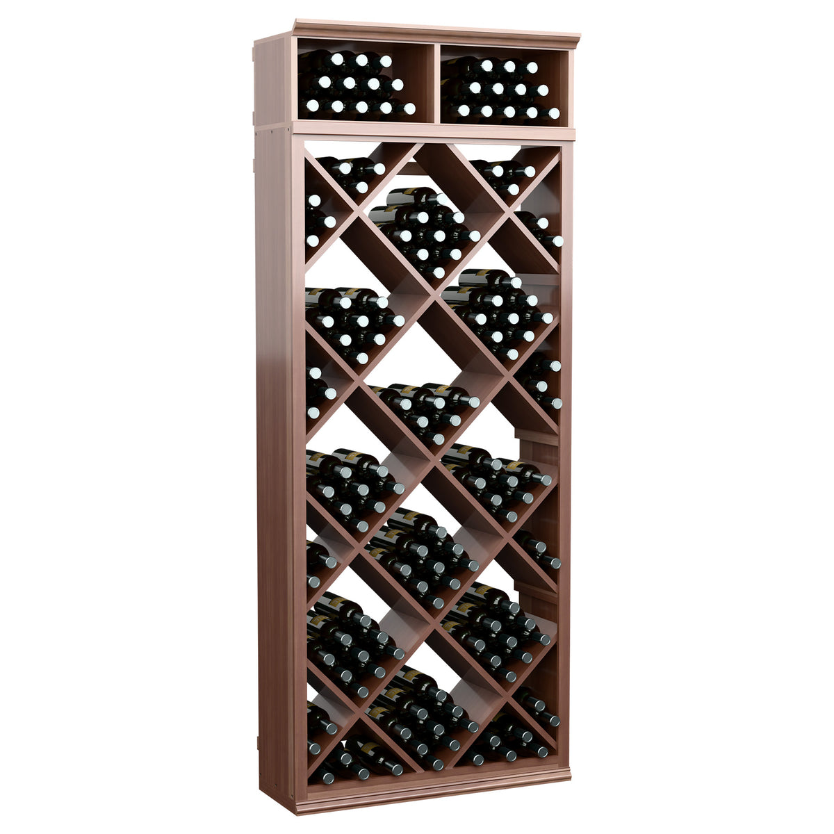 Gray wood wine storage cabinet with diagonal diamond shelves and two upper compartments