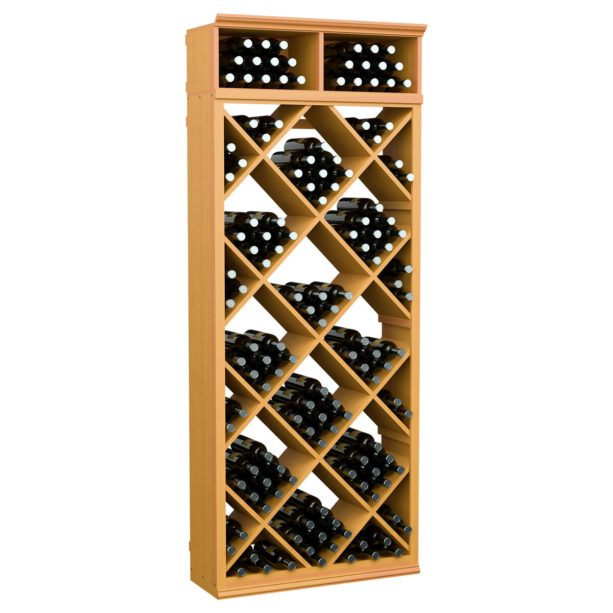 Natural-toned wood wine storage cabinet with diamond bottle racks and top storage