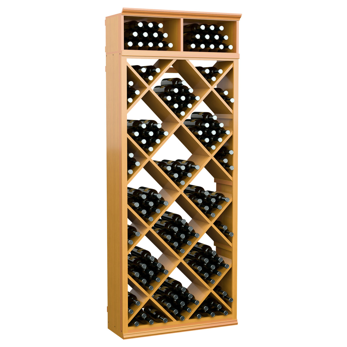 Natural wood tall wine cabinet with diamond grid shelves for storing bottles