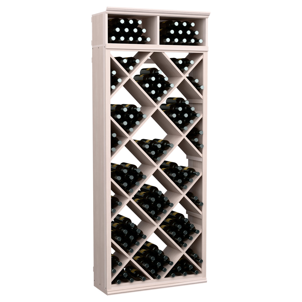Whitewash wine storage cabinet with diamond-pattern bottle racks and two top compartments
