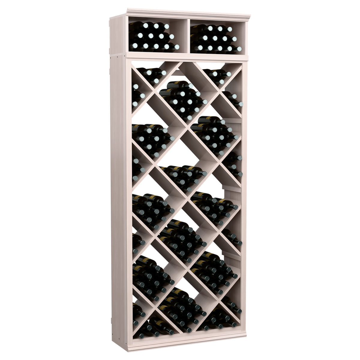 Whitewash wood wine storage cabinet with diagonal diamond shelves holding bottles